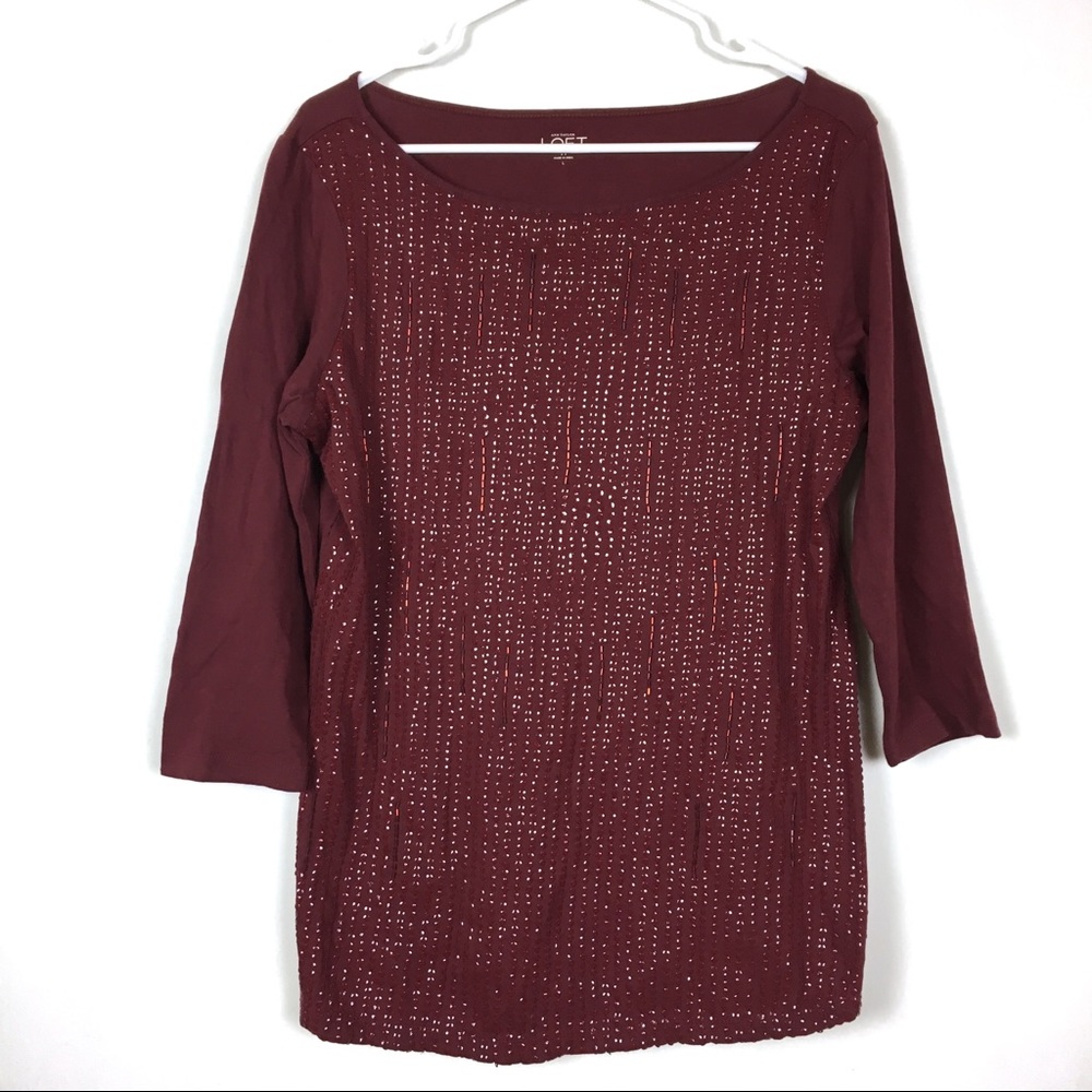 🌺5•4•$25 LOFT Burgundy Red Blouse Beaded/Sequin